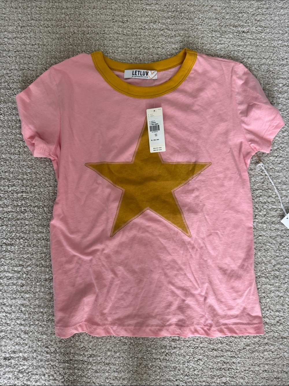 LETLUV Pink Long Sleeve Tee with Mustard Star Appliqué